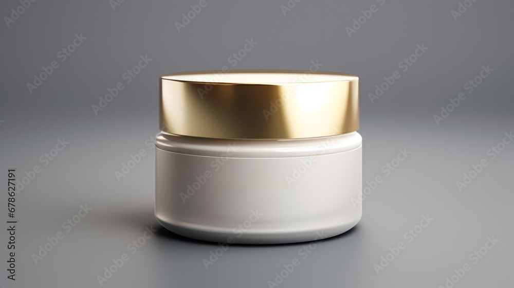 Poster White jar with gold lid on a gray background, AI