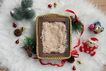 Newborn digital backdrop with rustic wooden box, crochet and christmas decoration with baby space....