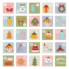 Printable Christmas advent calendar for kids with numbers winter holiday elements. Advent stickers, gift tags, holiday decoration. Christmas countdown. Vector elements.