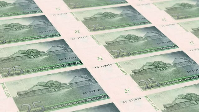 Estonia Estonian Kroon 25 Banknotes Money Printing House, Printing Twenty Five Estonian Kroon, Printing Press Machine Print out Estonian Kroon, Being printed by currency press machine 25 Estonian