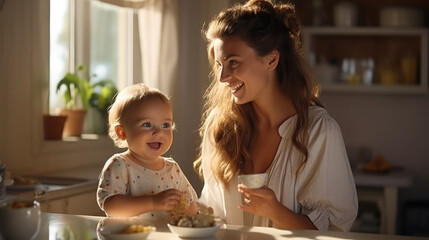 mother spoon feeds a small baby sitting in a high chair at the table, child, kid, infant, newborn, woman, parent, care, family, kitchen, lunch, emotional portrait, joy, smile, food, meal, home, fun - obrazy, fototapety, plakaty