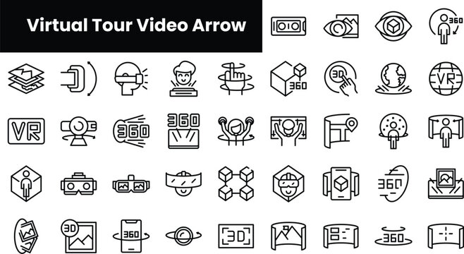 Set of outline virtual tour video arrow icons