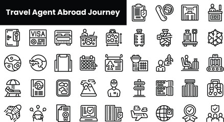 Set of outline travel agent abroad journey icons