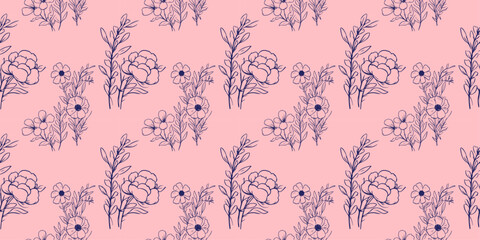 cute doodle flowers pink blue background pattern. Vintage seamless pattern Seamless repeat swatch vector illustration with flowers hand drawn botanical floral