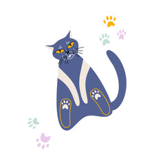 Cute cartoon cat with flowers. Childish card with animals.