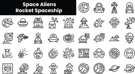 Fototapeta na wymiar Set of outline space aliens rocket spaceship icons