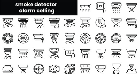 Set of outline smoke detector alarm celling icons