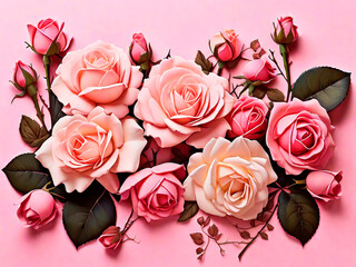 Beautiful pink roses on pink background. Flat lay, top view.IA generativa