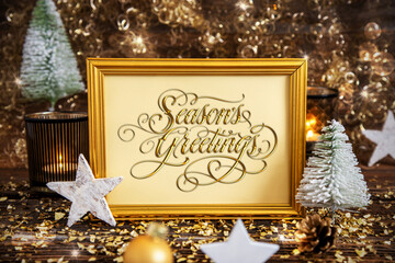 Frame With Text Seasons Greetings, Golden Christmas Decoration