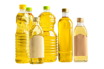 Vegetable oil with olive oil in different bottle for cooking isolated on white background with clipping path.