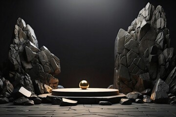 Black geometric Stone and Rock shape minimal podium background
