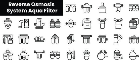 Set of outline reverse osmosis system aqua filter icons - obrazy, fototapety, plakaty