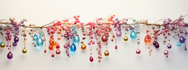 A Branch Adorned With Colorful Beads, Adding a Playful Touch to Nature's Beauty - obrazy, fototapety, plakaty