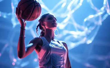  Woman holding basketball in sport training, in the style of light indigo and pink, futuristic organic, bold fashion photography © LiezDesign