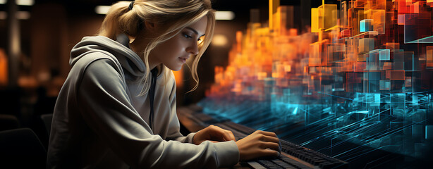 Woman financial analyst working on computers, - creative art concept.