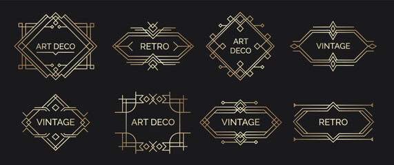 Art deco labels. Retro geometric shapes with elegant arabic lettering, vintage minimal emblem for luxury premium stamp. Vector isolated set - obrazy, fototapety, plakaty