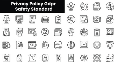 Set of outline privacy policy gdpr safety standard icons - obrazy, fototapety, plakaty