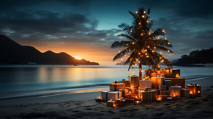 A isolated palm tree standing on the beach surrounded with some gifts and lights hanging in it.