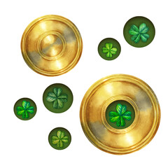 Gold watercolor brooch with green trefoil and quatrefoil. Design of a bright illustration of jewelry for St. Patrick's Day, magic, treasures, wishes of good luck. Element isolated on white background