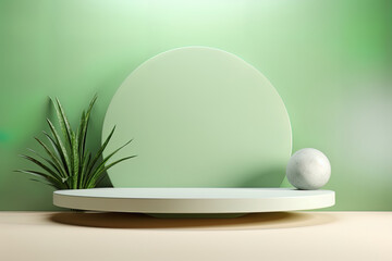 Empty podium mock up on light green background for product promotion, brand merchandise display