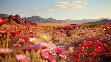 A desert landscape covered in a blanket of wildflowers after a rare rain, transforming the arid...