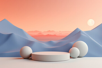 Empty podium mock up on sunset background for product promotion, brand merchandise display