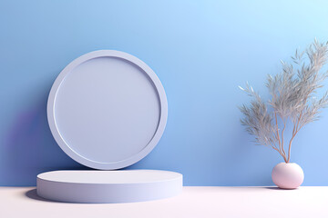 Podium mock up on light blue background for product promotion, brand merchandise display