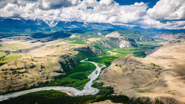 Summer landscape in the Altai mountains. Kurai steppe. Top view of the Chuya River valley. Kosh-Agachsky district of the Altai Republic, South of Western Siberia