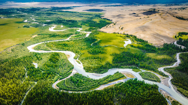 Summer landscape in the Altai mountains. Kurai steppe. Top view of the Chuya River valley. Kosh-Agachsky district of the Altai Republic, South of Western Siberia