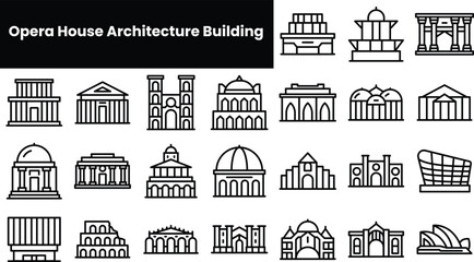 Set of outline opera house architecture building icons