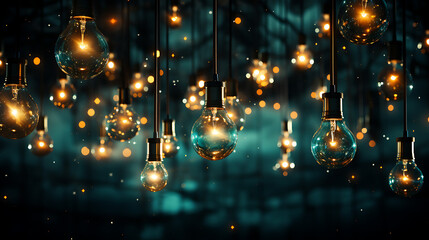 Fototapeta na wymiar Many bright light bulbs in dark cloud, in the style of glittery and shiny, dreamlike installations, photorealistic compositions, whimsical ambiance, light gold and dark cyan.