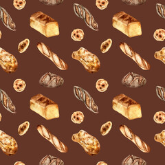 Variety bread watercolor seamless pattern isolated on dark. Hand drawn rye bread, loaf for bakery. Painted pitta, ciabatta. Illustration of baguette. Element for design bakeshop, package, trade