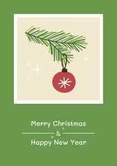 Christmas and New Year greeting card with Christmas Tree Decoration and gretings text for winter holidays