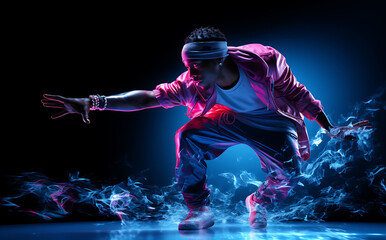 Man / dancer posing in bold style, in the style of light indigo and pink, futuristic organic, bold fashion photography