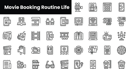Set of outline movie booking routine life icons