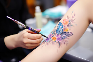 An artist applies a vibrant watercolor butterfly tattoo on a customer's forearm, with the color palette laid out neatly beside them