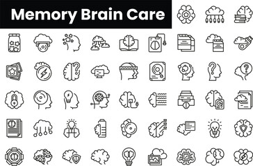 Set of outline memory brain care icons - obrazy, fototapety, plakaty