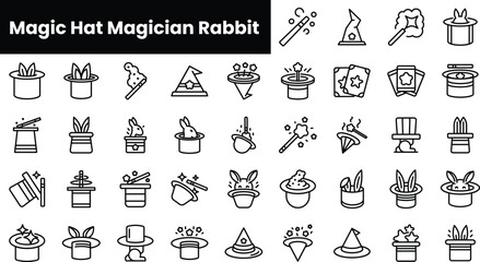 Set of outline magic hat magician rabbit icons - obrazy, fototapety, plakaty