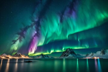 The starry sky serves as a backdrop for the dance of the northern lights, painting the landscape in hues of green and purple  generative ai technology
 - obrazy, fototapety, plakaty