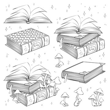 Books vector collection. Stack of books drawn in doodle style. Hand drawn illustration in sketch style. Library, bookstore, reading room. Fairy tale illustration with magical mushrooms.