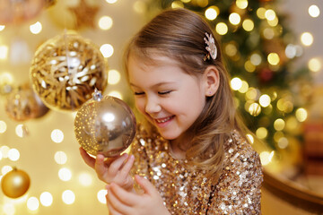 Happy little girl holding golden christmas ball