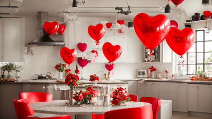 Kitchen design, heart-shaped balloons, red roses