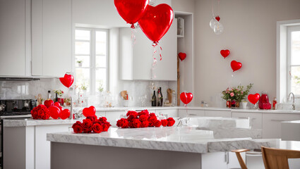 Kitchen design, heart-shaped balloons, red roses