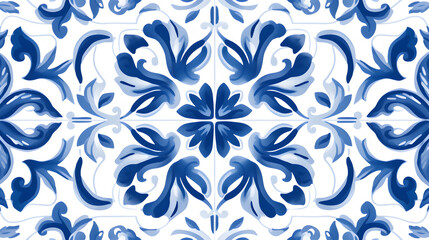 Seamless tiles background in Portuguese style. Blue and white mosaic pattern texture marble. Generative Ai.