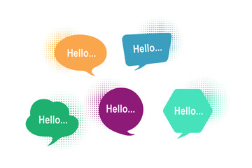 Multicolored communication speech bubbles on white background with hello text. For correspondence, customer feedback, message, online, idea concept