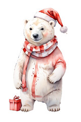 Watercolor illustration ai generated, christmas polar bear, christmas concept, happy New year.