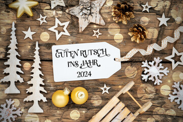 Text Guten Rutsch 2024, Means Happy 2024, Rustic Wooden, Golden Christmas Decor