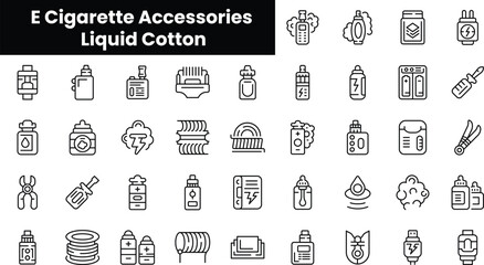 Set of outline e cigarette accessories liquid cotton icons