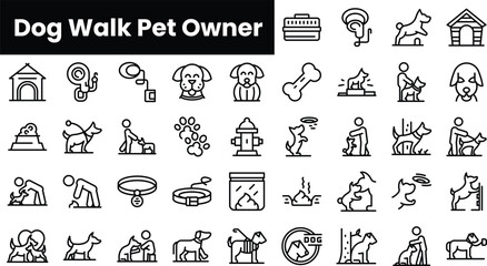 Set of outline dog walk pet owner icons