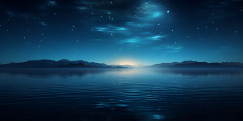 Fototapeta na wymiar Beautiful Magic Blue Night Sky With Clouds Fullmoon Stars ,Night sea landscape with full moon and stars, Stars Landscape, Galaxy Lake, generative Ai